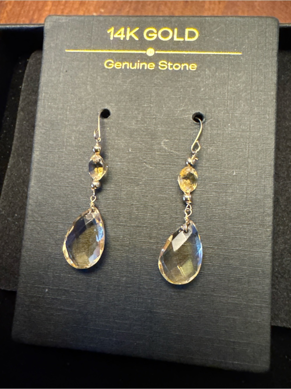14K Gold Teardrop Dangle Earrings with Champagne Genuine Stones